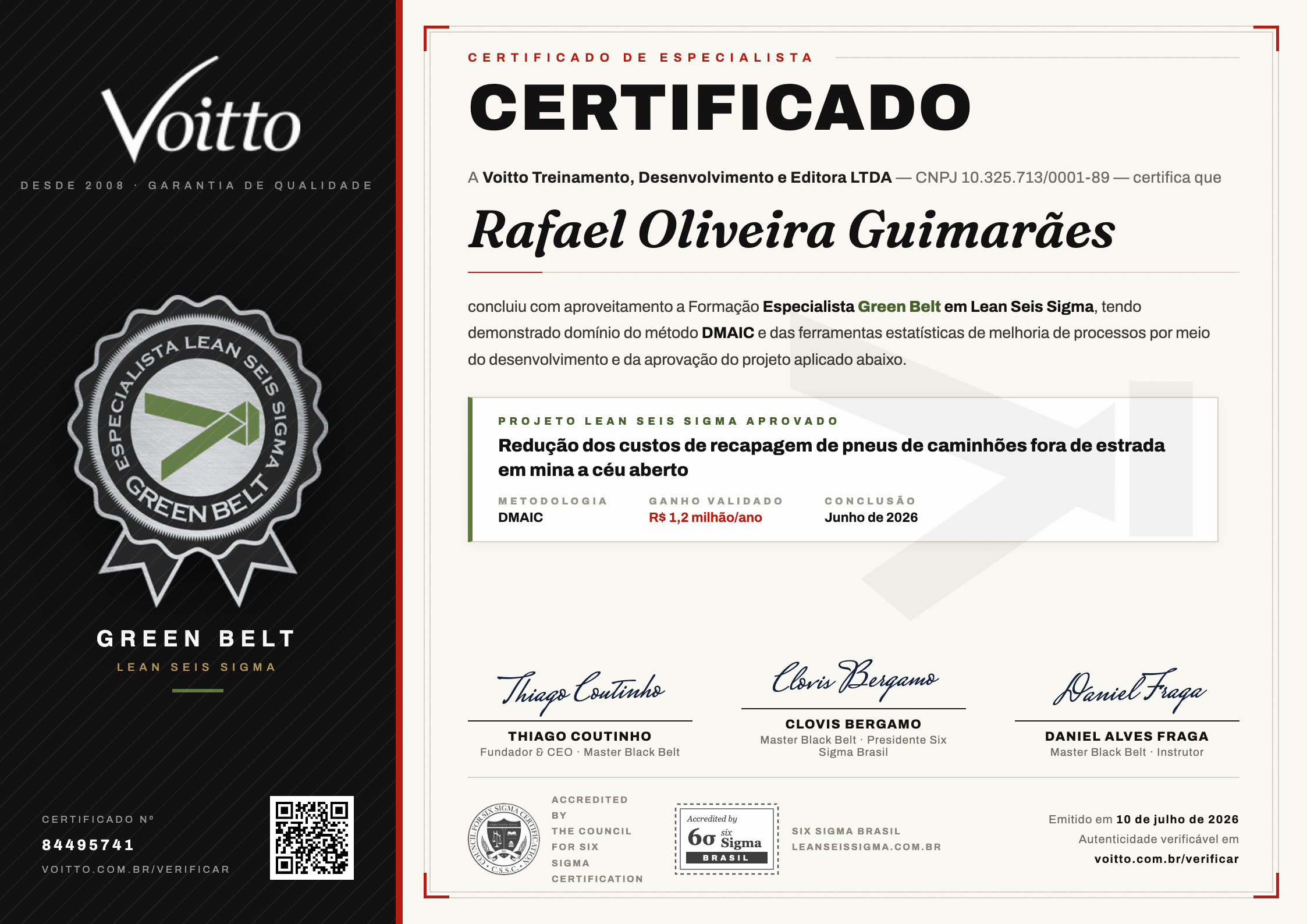 Modelo do certificado de Green Belt em Lean Seis Sigma