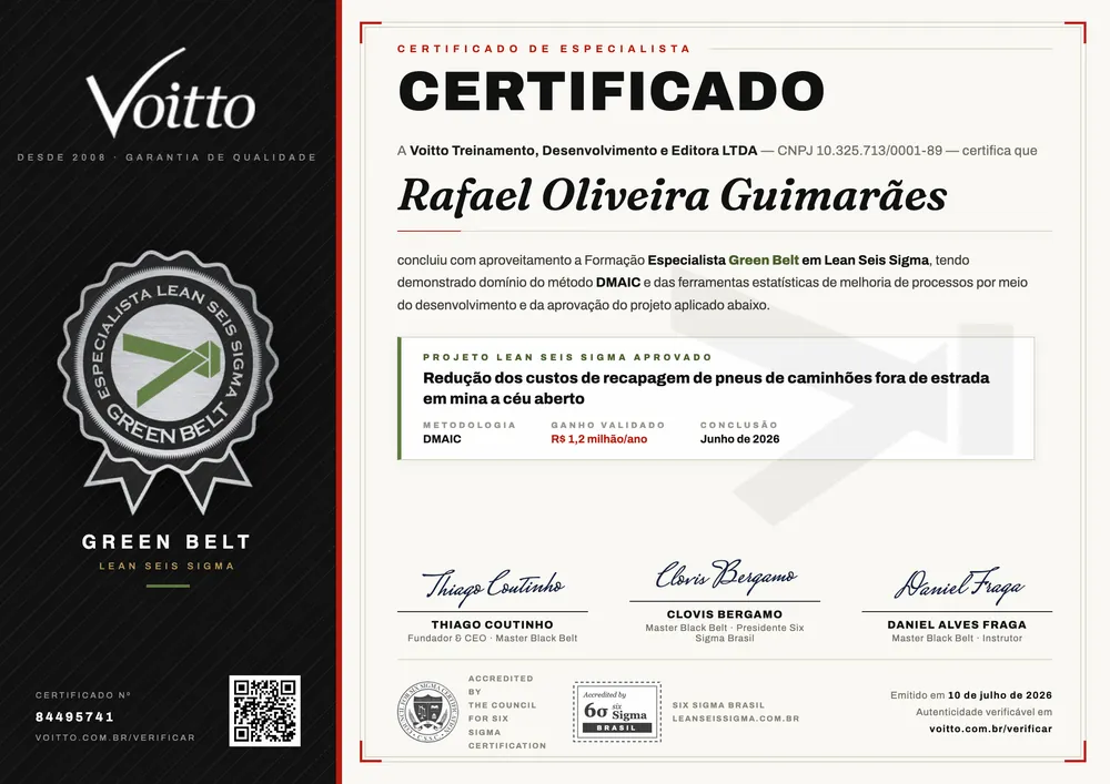 Modelo do certificado de Especialista Lean Seis Sigma