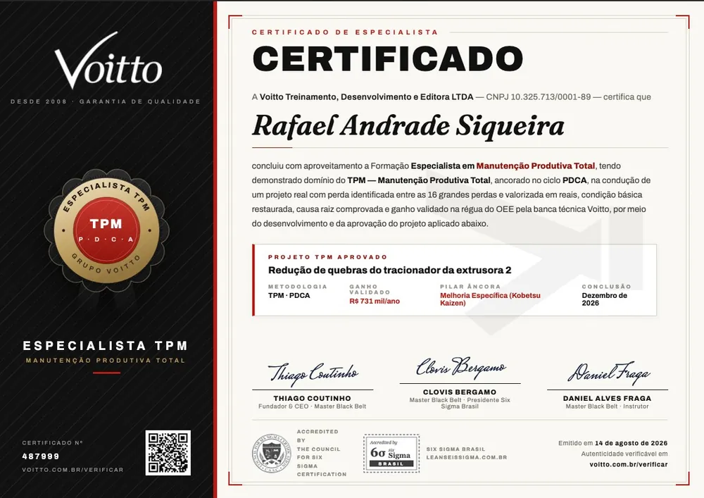 Modelo do certificado de Especialista em Manutenção Produtiva Total