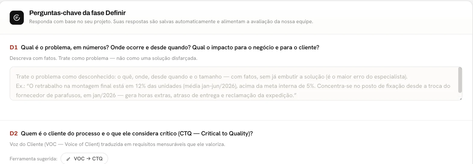 Tela da academia com as perguntas-chave da fase Definir e a ferramenta sugerida