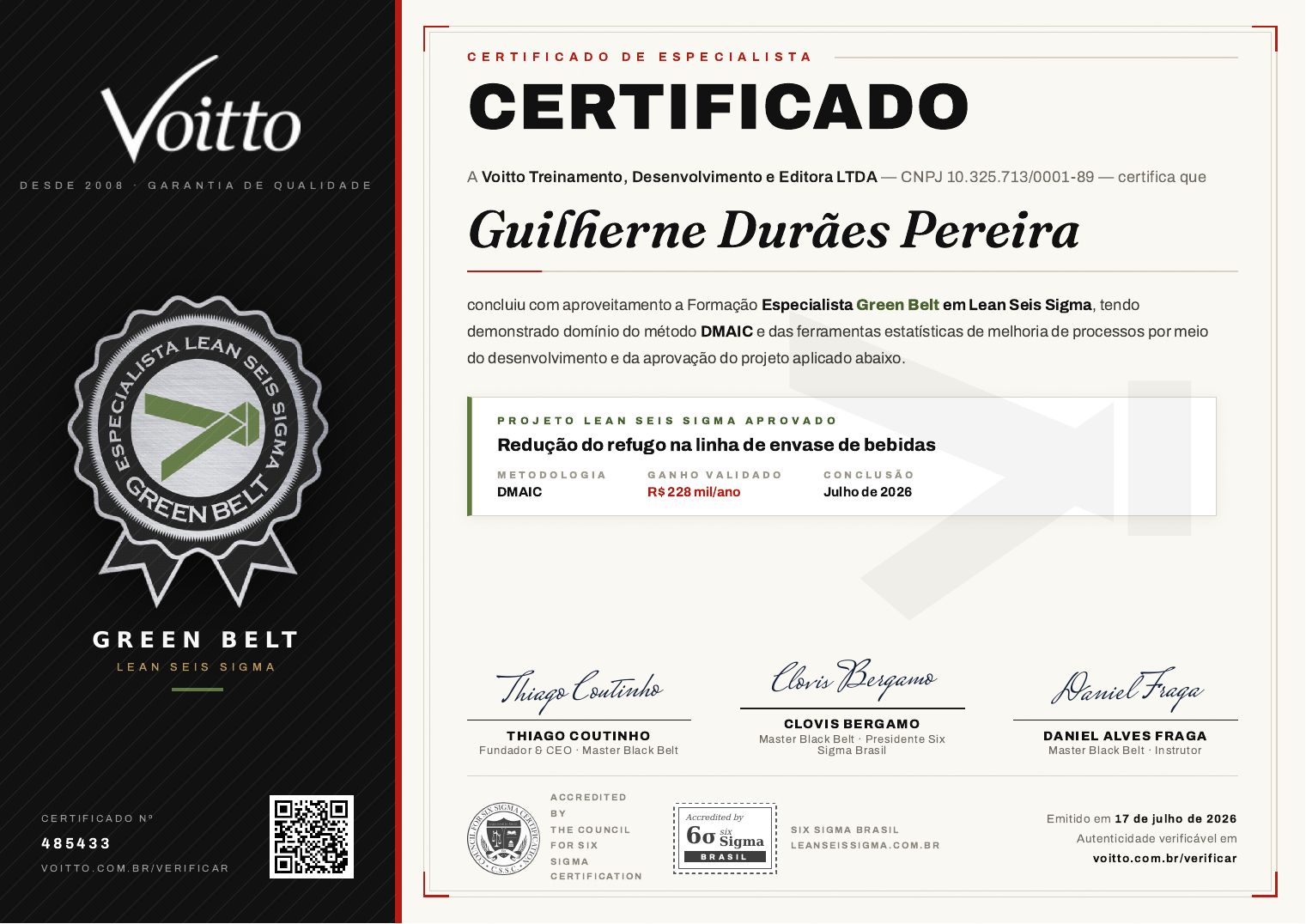 Certificado de Especialista Lean Seis Sigma emitido pela Voitto