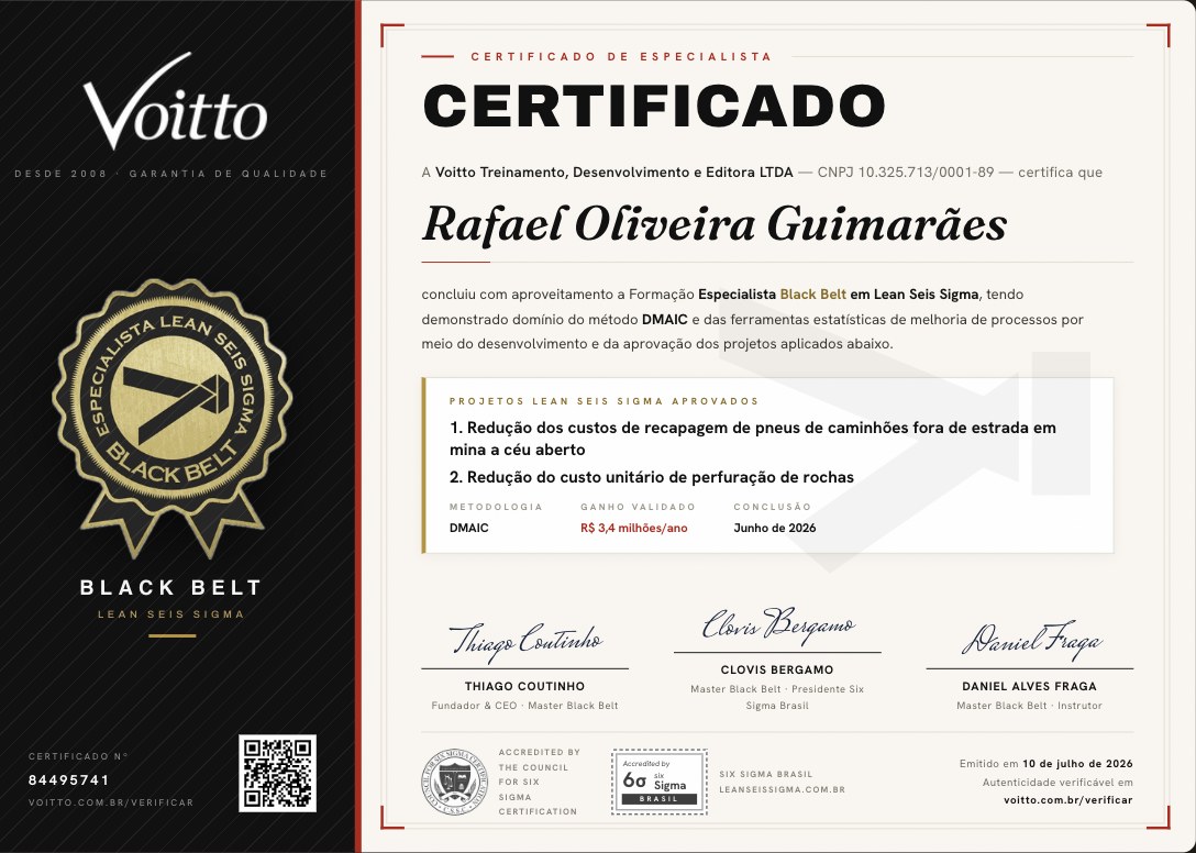 Certificado de Especialista Black Belt em Lean Seis Sigma emitido pela Voitto