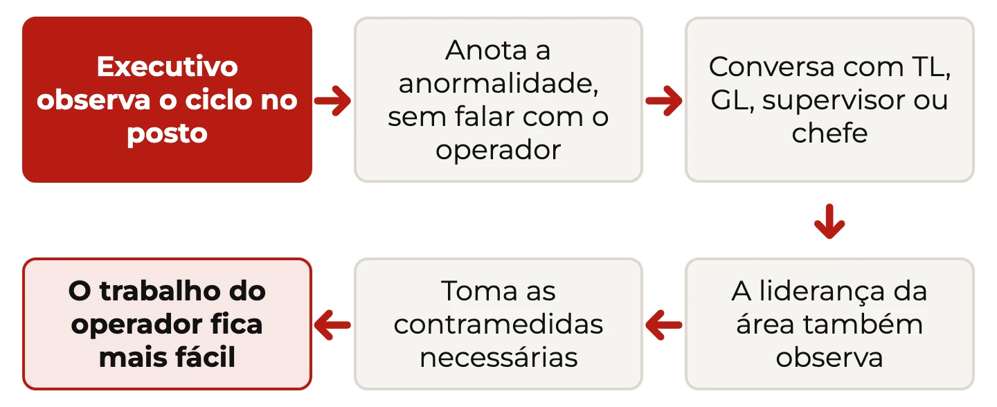 Caminho da anormalidade: o executivo observa e anota, conversa com team leader, group leader, supervisor ou chefe, e a liderança toma as contramedidas