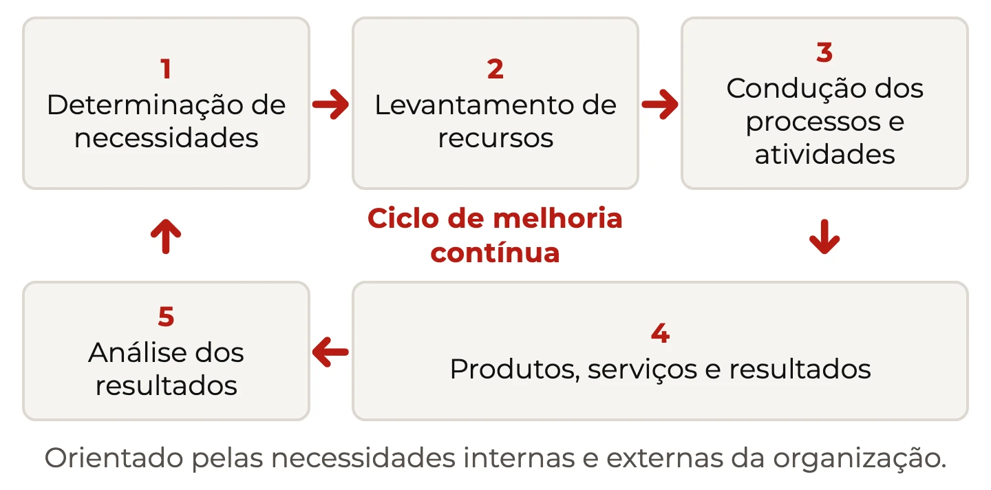 Ciclo de melhoria contínua em cinco etapas, da determinação de necessidades à análise dos resultados, que volta ao início