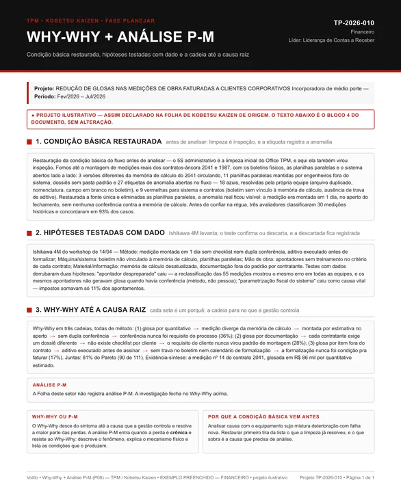 Folha P08 de Why-Why e análise P-M preenchida pelo contas a receber, projeto TP-2026-010