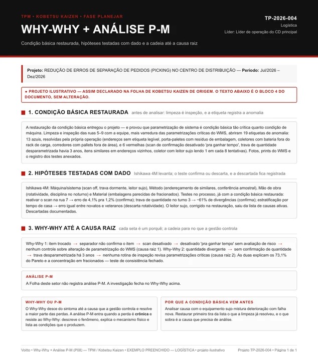 Folha P08 de Why-Why e análise P-M preenchida pelo centro de distribuição, projeto TP-2026-004