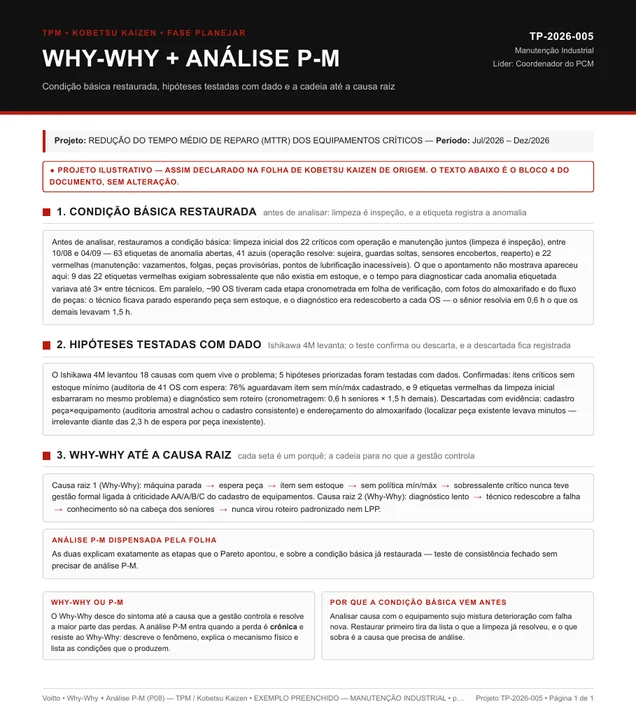 Folha P08 de Why-Why e análise P-M preenchida pelo PCM da manutenção industrial, projeto TP-2026-005