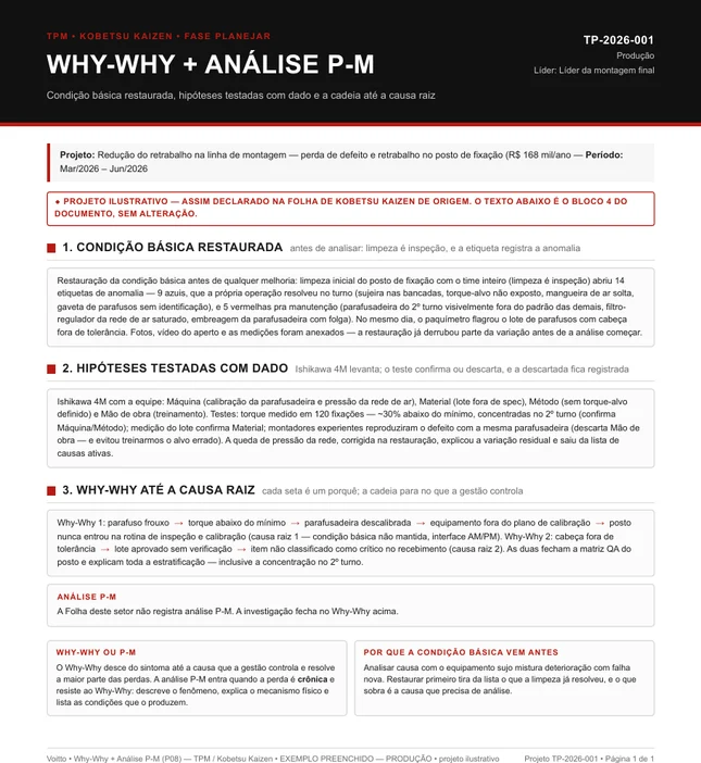 Folha P08 de Why-Why e análise P-M preenchida pela produção, projeto TP-2026-001, retrabalho no posto de fixação