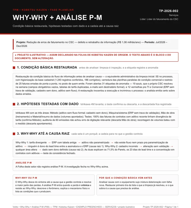 Folha P08 de Why-Why e análise P-M preenchida pelo faturamento do CSC, projeto TP-2026-002
