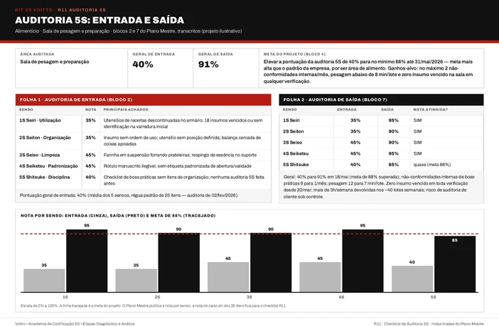Auditoria 5S de entrada e saída da sala de pesagem e preparação (caso ilustrativo), com meta acima do padrão da empresa, saída em 91% e Shitsuke abaixo da meta