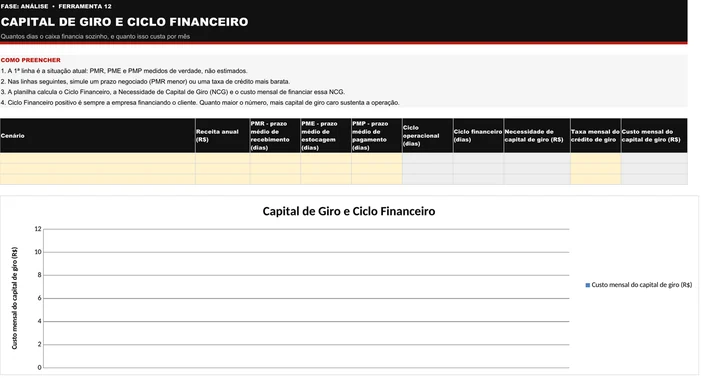 Modelo em branco da planilha de Capital de Giro e Ciclo Financeiro (A12): quatro instruções de preenchimento no topo e tabela com as colunas Cenário, Receita anual, PMR, PME, PMP, Ciclo operacional, Ciclo financeiro, Necessidade de capital de giro, Taxa mensal do crédito de giro e Custo mensal do capital de giro, com o gráfico de custo mensal abaixo