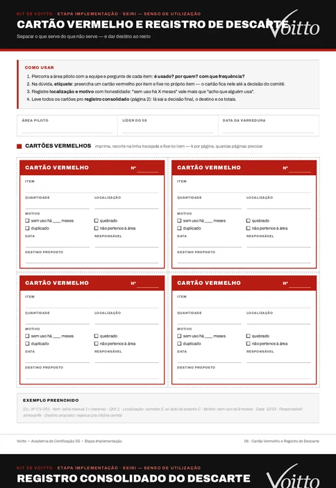 Modelo em branco do cartão vermelho do 5S, com quatro cartões por folha e o registro de descarte com a decisão do comitê e os totais
