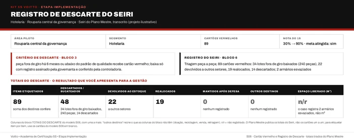 Registro de descarte do Seiri da rouparia central (caso ilustrativo), com o gatilho de 6 meses fora de giro ou abaixo do padrão, os 89 cartões e as 240 peças baixadas