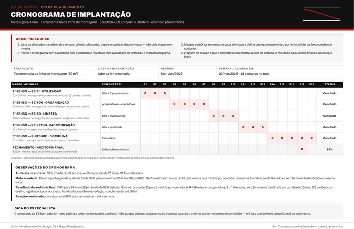Cronograma de implantação 5S preenchido, com as 18 semanas em grade, as cinco frentes de senso marcadas com X e a auditoria final marcada na semana 17