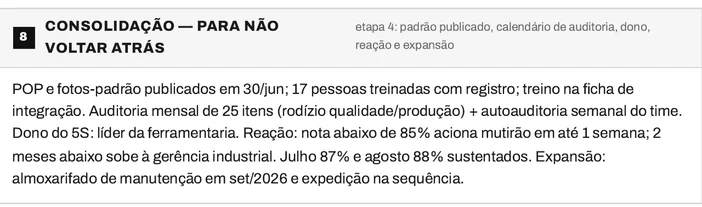 Bloco 8 do Plano Mestre 5S com o POP publicado em 30 de junho, a auditoria mensal de 25 itens, o dono do programa de 5S e os gatilhos de reação
