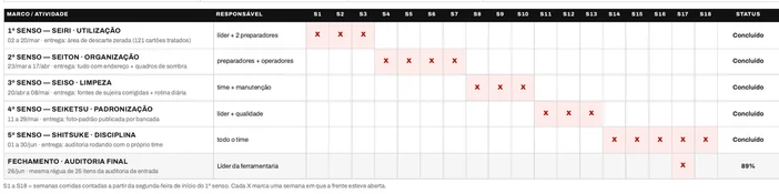 Cronograma de implantação 5S da Metalúrgica Aliare, com as cinco frentes de senso marcadas com X ao longo de 18 semanas e a auditoria final marcada na semana 17