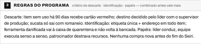 Bloco 3 do Plano Mestre 5S com as regras de descarte por cartão vermelho aos 90 dias, a identificação por etiqueta única e os papéis do líder, da equipe e do patrocinador