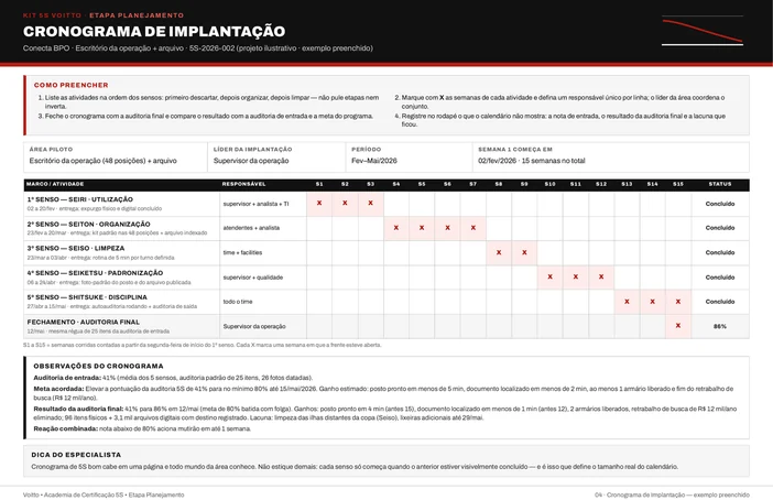 Cronograma de implantação 5S preenchido do escritório da operação, com as 15 semanas em grade, as cinco frentes de senso marcadas com X e a auditoria final na semana 15