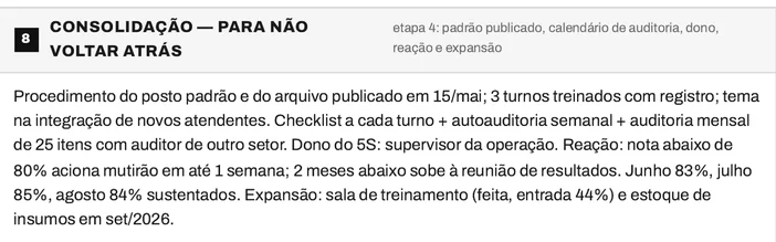 Folha do bloco 8 do Plano Mestre 5S da Conecta BPO, com padrão publicado, calendário de auditoria, dono do programa, plano de reação e expansão