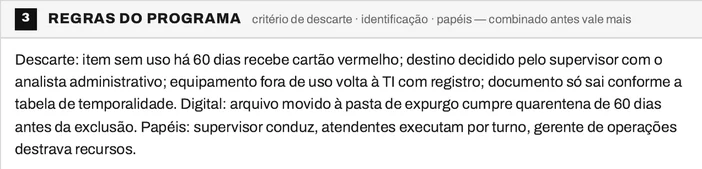 Folha do bloco 3 do Plano Mestre 5S da Conecta BPO, com o critério de descarte, a regra de identificação, os papéis e o tratamento do arquivo digital