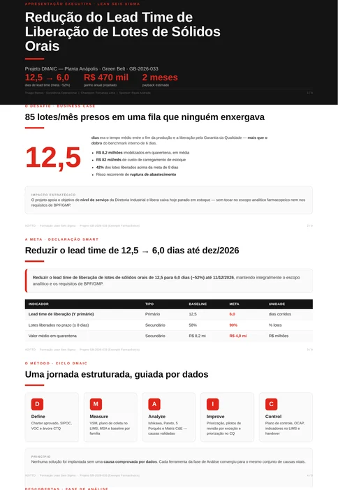 Apresentação executiva do projeto em nove páginas, com desafio, meta, método, descobertas, solução, resultados projetados e sustentação