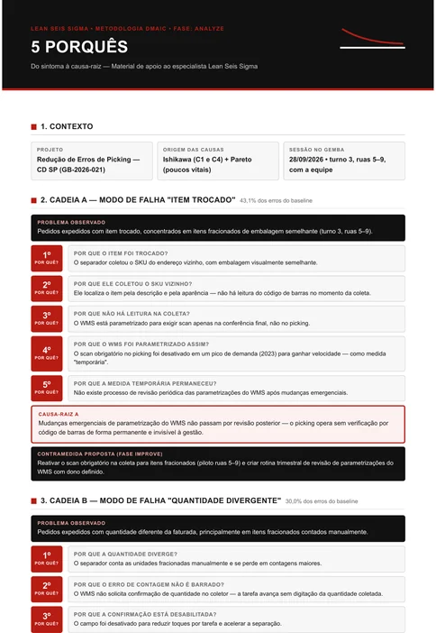 Documento dos 5 Porquês com duas cadeias completas. Uma para a separação por descrição e outra para a conferência de memória, com as causas-raiz e a validação de cada uma