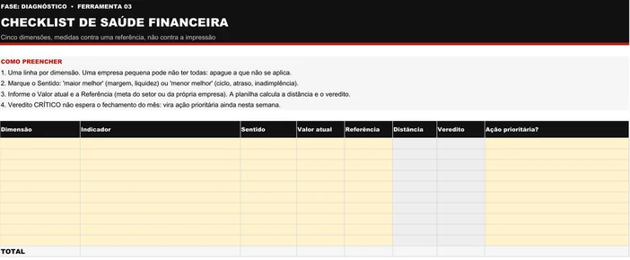 Modelo em branco da planilha Checklist de Saúde Financeira (D03): quatro instruções de preenchimento no topo e tabela com as colunas Dimensão, Indicador, Sentido, Valor atual, Referência, Distância, Veredito e Ação prioritária, com as linhas vazias para preencher
