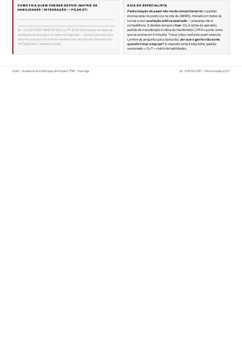 Folha em branco de padronização e OJT do Kit de Ferramentas TPM, com cabeçalho do projeto, quadro de padrões por tipo e quadro de registro de treinamento
