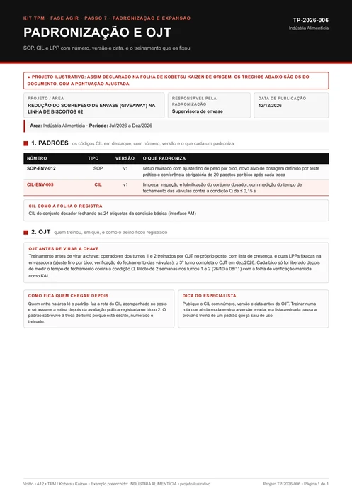 Folha de padronização e OJT de um projeto ilustrativo do setor alimentício, com o CIL-ENV-005 do conjunto dosador no quadro de padrões
