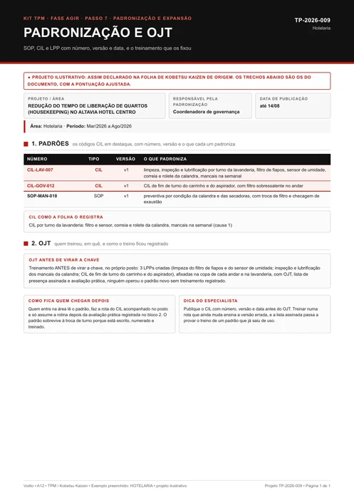 Folha de padronização e OJT de um projeto ilustrativo de hotelaria, com o CIL-LAV-007 e o CIL-GOV-012 no quadro de padrões