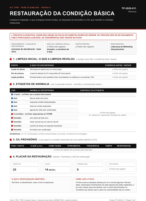 Peça P06 de um projeto ilustrativo de marketing, com a varredura da base ativa, 14 etiquetas azuis e 9 vermelhas