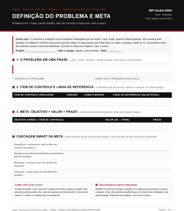 Modelo em branco da ficha de definição do problema e meta