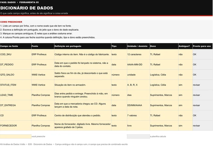 Dicionário de dados preenchido com oito campos de uma distribuidora, quatro deles marcados como ambíguos (caso ilustrativo)