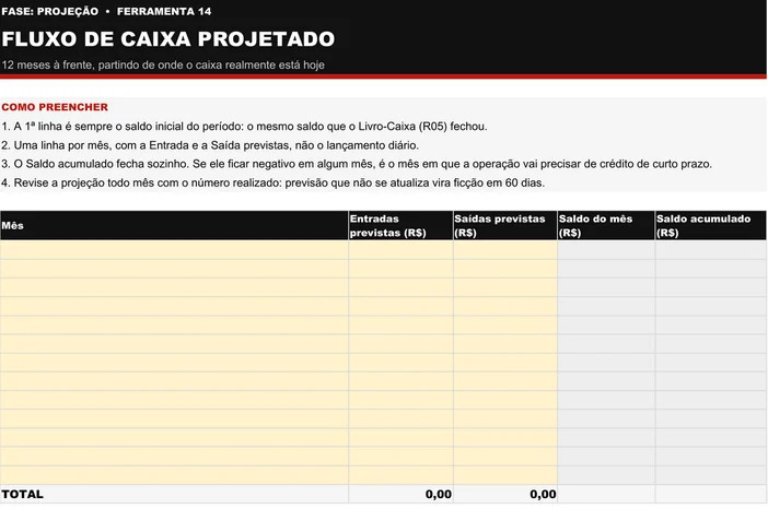 Modelo em branco da planilha de Fluxo de Caixa Projetado (P14): quatro instruções de preenchimento no topo e tabela com as colunas Mês, Entradas previstas, Saídas previstas, Saldo do mês e Saldo acumulado, com a primeira linha reservada ao saldo inicial e a linha de TOTAL embaixo