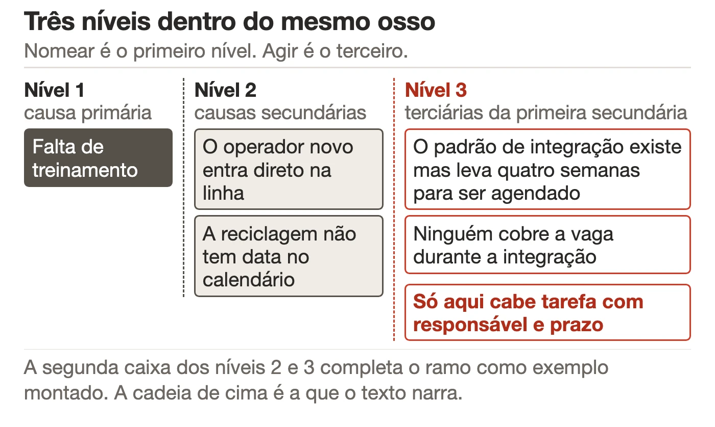 Um ramo do diagrama de Ishikawa ampliado em tr&ecirc;s colunas de n&iacute;vel, ligadas por linhas tracejadas: na primeira a causa prim&aacute;ria falta de treinamento; na segunda duas causas secund&aacute;rias que saem dela; na terceira duas causas terci&aacute;rias que saem da primeira secund&aacute;ria, com uma faixa avisando que s&oacute; nesse n&iacute;vel cabe tarefa com respons&aacute;vel e prazo.