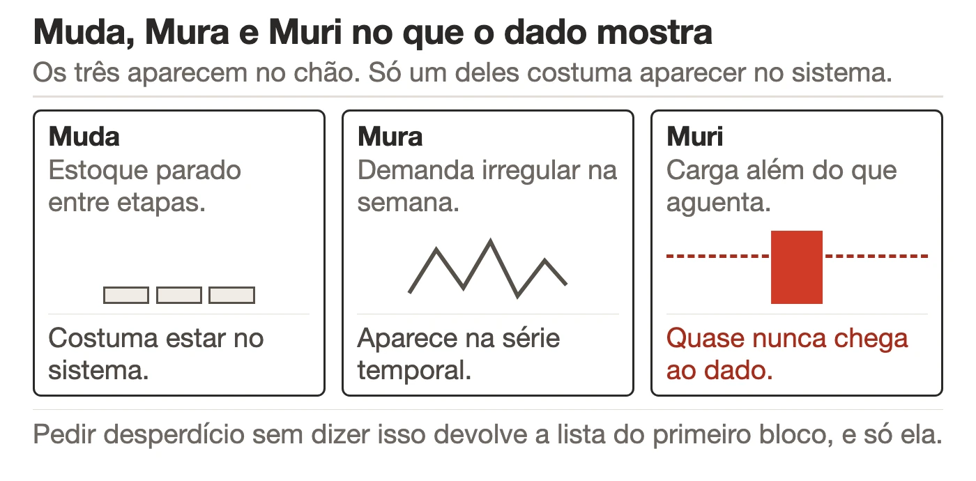 Três blocos lado a lado: Muda com um símbolo de estoque parado, Mura com uma linha de demanda irregular e Muri com uma barra além do limite. Sob cada bloco, se o dado do sistema costuma mostrar ou não.