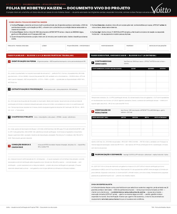 Folha de Kobetsu Kaizen em branco do Kit de Ferramentas TPM, com cabeçalho do projeto e os blocos de perda, priorização, charter, causa, contramedidas, resultado e padronização