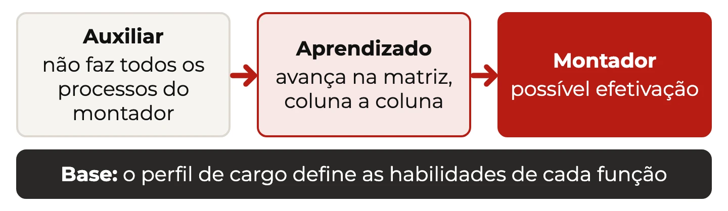 Caminho do auxiliar ao montador: o perfil de cargo define as habilidades, o aprendizado avança na matriz e leva à possível efetivação