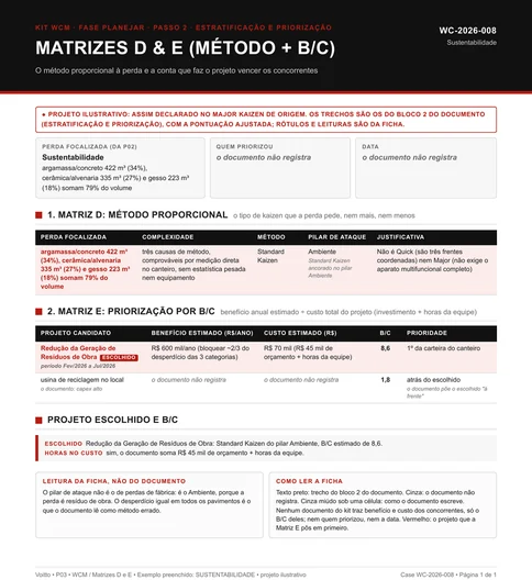 Modelo P03 preenchido com o exemplo de obra de construção civil: Matriz D com Standard Kaizen no pilar Ambiente e Matriz E com B/C de 8,6 contra a usina de reciclagem no local