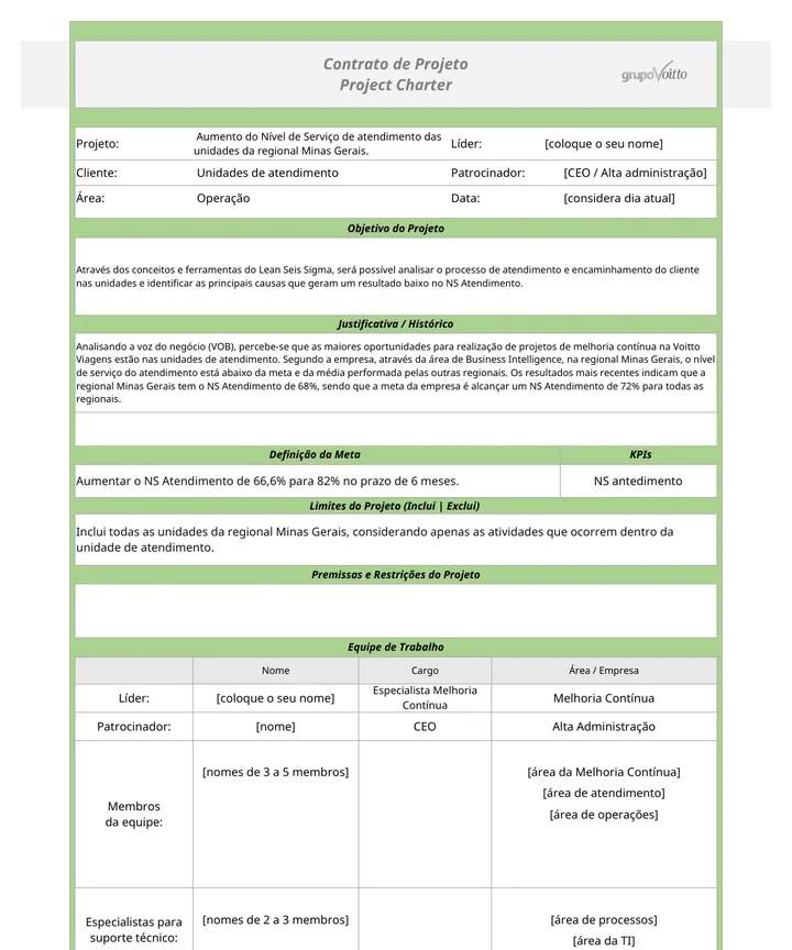 Contrato do projeto Voitto Viagens, com a meta de NS de atendimento em 82% e o ganho estimado de R$ 305.970