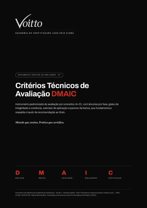 Capa do documento Critérios Técnicos de Avaliação DMAIC v4 da Voitto, usado para avaliar o projeto Green Belt