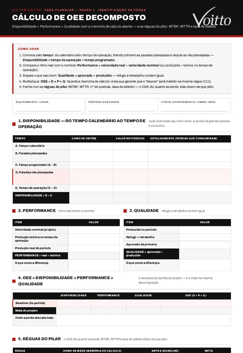 Folha em branco P02 de cálculo de OEE decomposto do Kit de Ferramentas TPM da Voitto
