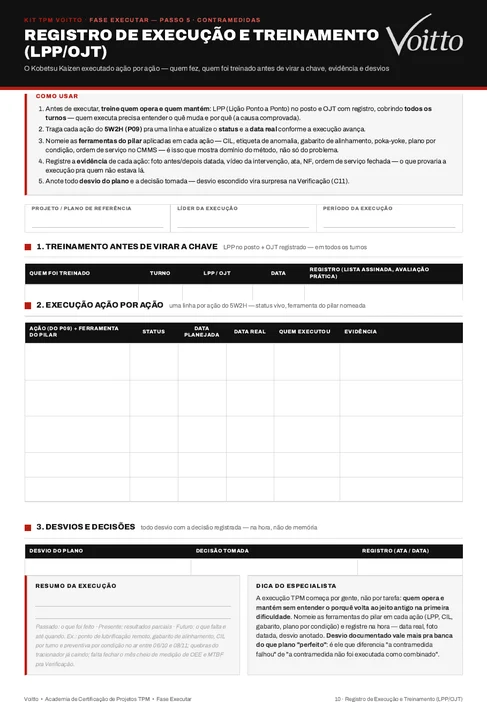 Folha D10 em branco de registro de treinamento no posto, com colunas de quem foi treinado, turno, LPP ou OJT, data e registro com lista assinada e avaliação prática