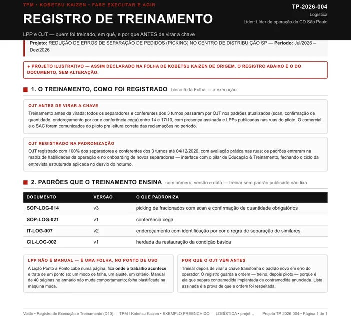 Folha de registro de treinamento no posto de um projeto ilustrativo de logística, com quatro padrões de separação e conferência e avaliação prática nas ruas do armazém