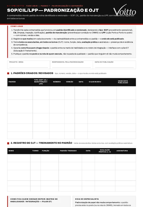 Folha em branco de padronização e OJT do Kit de Ferramentas TPM, com o quadro de padrões criados por tipo, número, versão e data e o quadro de registro de treinamento