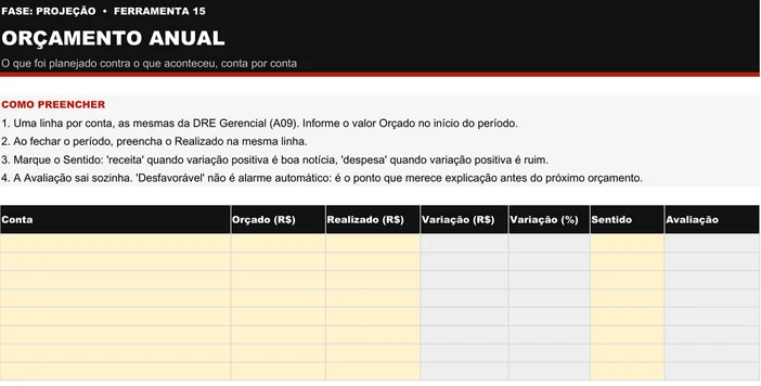 Modelo em branco da planilha Orçamento Anual (P15): quatro instruções de preenchimento no topo e tabela com as colunas Conta, Orçado, Realizado, Variação em reais, Variação em porcentagem, Sentido e Avaliação