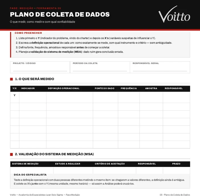 Modelo em branco de plano de coleta de dados, com matriz, bloco de MSA e baseline