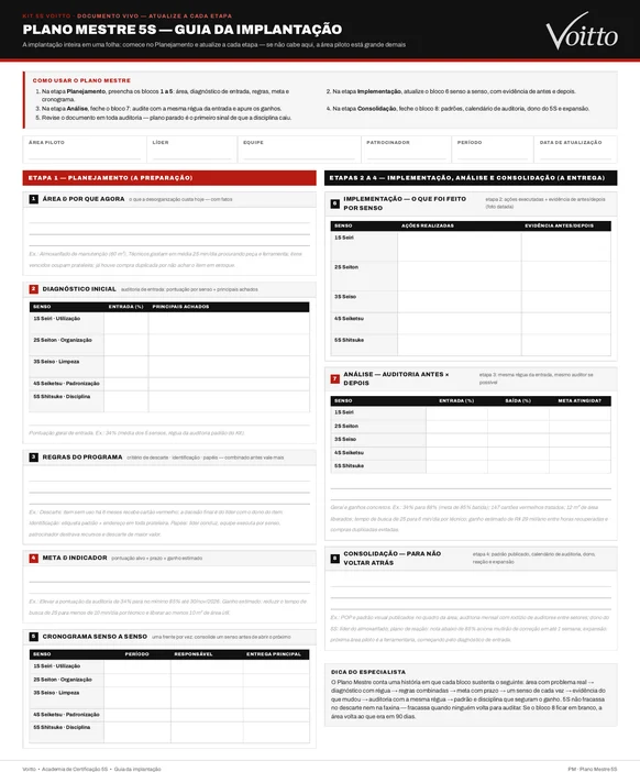 Folha em branco do Plano Mestre 5S, guia da implantação, do Kit de Ferramentas 5S