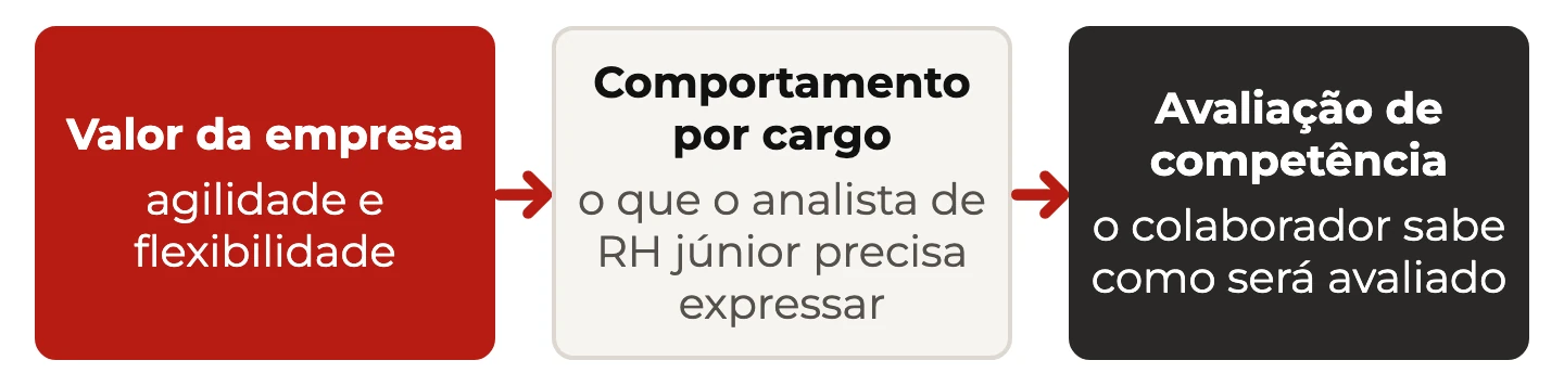 Valor agilidade e flexibilidade desdobrado em comportamento por nível de cargo, descrito para o analista júnior e usado na avaliação de competência