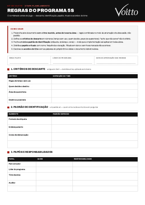 Folha P03 em branco das regras do programa 5S, com descarte, identificação, papéis, rituais e acordos, do Kit de Ferramentas 5S